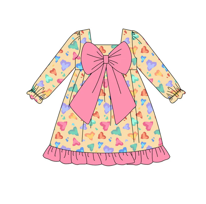 9.16 Preorder (moq 5)Baby Girls Colorful Hearts Leopard Bows Valentine Ruffle Knee Length Dress
