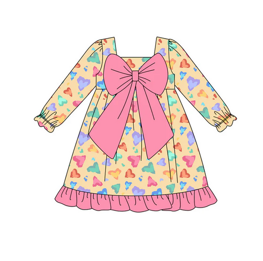 9.16 Preorder (moq 5)Baby Girls Colorful Hearts Leopard Bows Valentine Ruffle Knee Length Dress