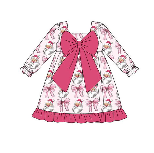 9.16 Preorder (moq 5)Baby Girls Pink Santa Bows Christmas Ruffle Knee Length Dresses