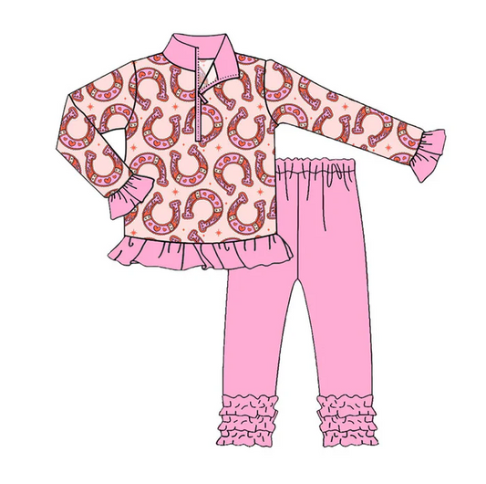 9.17 Preorder (moq 5)Baby Girls Pink Horses Shoes Hearts Zipper Pullovers Ruffle Legging Clothes Sets