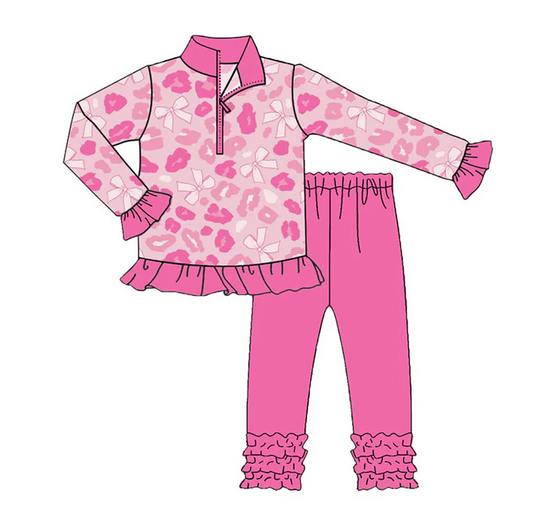 9.17Preorder (moq 5)Baby Girls Pink Bows Leopard Zipper Pullovers Ruffle Legging Clothes Sets