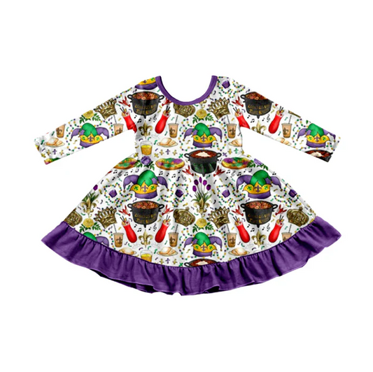 9.17 Preorder (moq 5)Baby Girls Anchors Foots Mardigras Purple Ruffle Knee Length Dresses