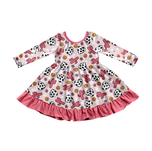 9.17  Preorder (moq 5)Baby Girls Pink Cactus Flowers Cow Print Hearts Ruffle Knee Length Dress