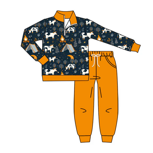 9.17 Preorder (moq 5)Baby Boys Cows Fire Adventure Zipper Pullover Pockets Jogger Clothes Sets