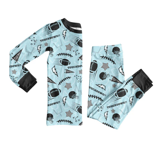 9.17 Preorder (moq 5)Baby Boys Blue Footballs Stars Top Pants Team Pajamas Sets