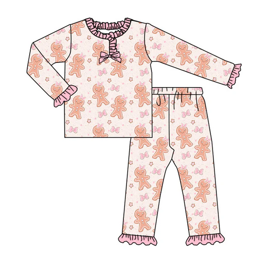 9.17 Preorder (moq 5)Baby Girls Pink Gingerbread Bows Top Ruffle Pants Christmas Pajamas Sets