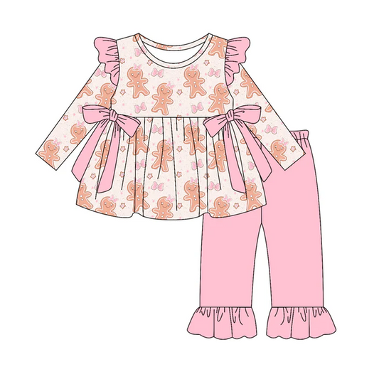 9.17Preorder (moq 5)Baby Girls Pink Gingerbread Bows Tunic Ruffle Pants Christmas Clothes Sets