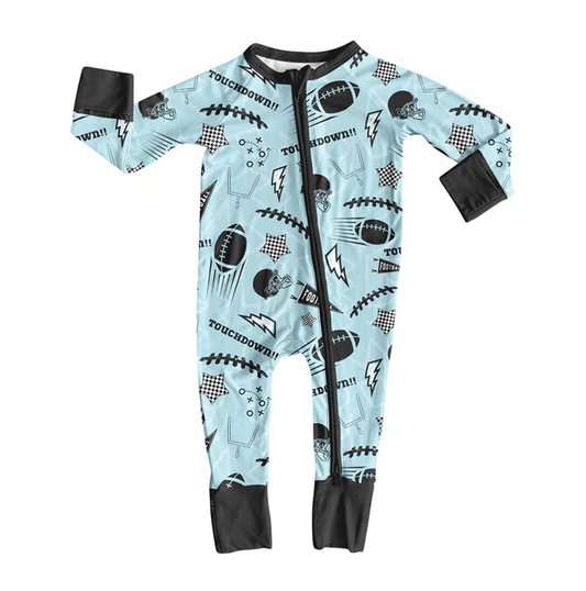 9.17 Preorder (moq 5)Baby Boys Blue Footballs Stars Team Zipper Footie Rompers