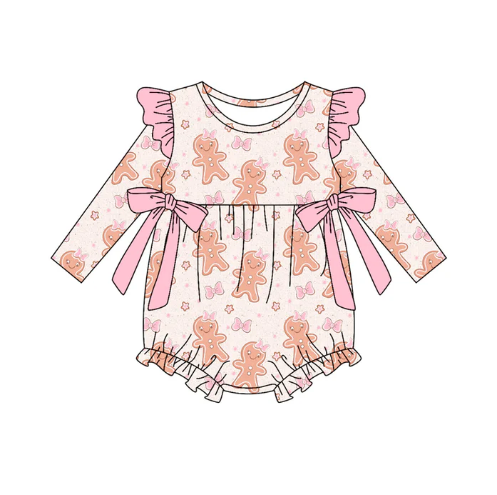 9.17 Preorder (moq 5)Baby Girls Pink Gingerbread Bows Christmas Ruffle Rompers
