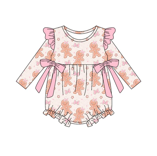 9.17 Preorder (moq 5)Baby Girls Pink Gingerbread Bows Christmas Ruffle Rompers