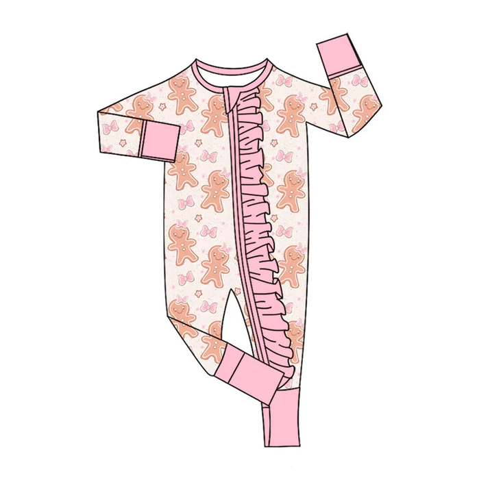 9.17 Preorder (moq 5)Baby Girls Pink Gingerbread Bows Christmas Ruffle Zipper Footie Rompers