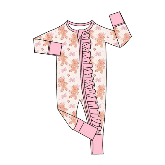 9.17 Preorder (moq 5)Baby Girls Pink Gingerbread Bows Christmas Ruffle Zipper Footie Rompers