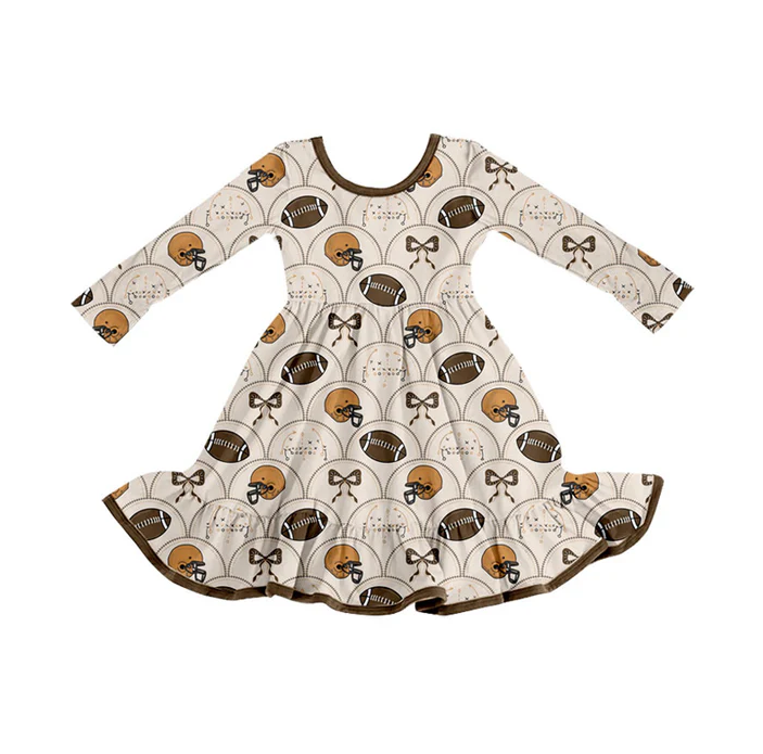 9.17  Preorder (moq 5)Baby Girls Footballs Bows Checked Team Ruffle Knee Length Dresses