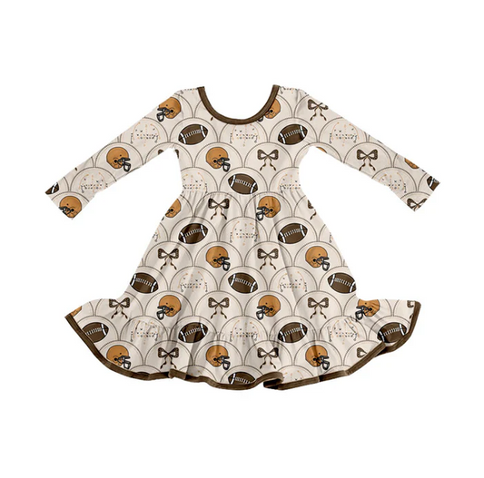 9.17  Preorder (moq 5)Baby Girls Footballs Bows Checked Team Ruffle Knee Length Dresses