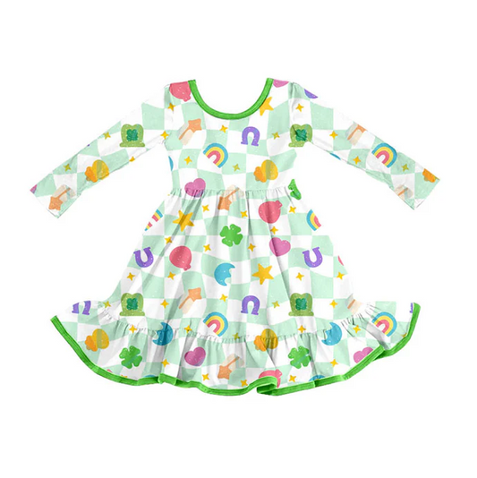 9.17  Preorder (moq 5)Baby Girls Green Checked Clovers Stars St Patrick Ruffle Knee Length Dresses
