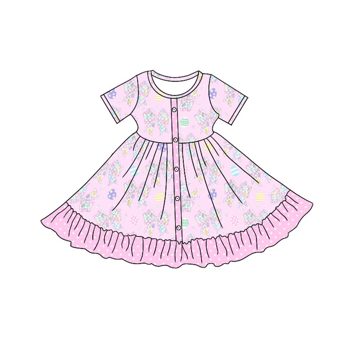 9.17 Preorder (moq 5)Baby Girls Flower Bows Eggs Button Ruffle Easter Knee Length Dresses