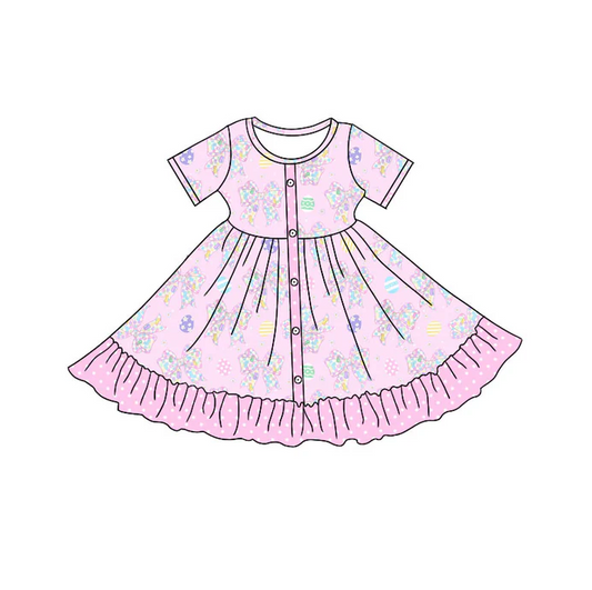 9.17 Preorder (moq 5)Baby Girls Flower Bows Eggs Button Ruffle Easter Knee Length Dresses
