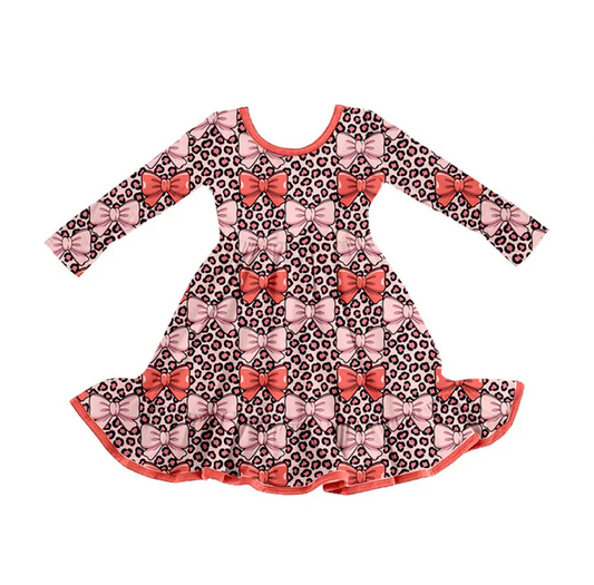 9.17 Preorder (moq 5)Baby Girls Peach Leopard Bows Ruffle Knee Length Dresses