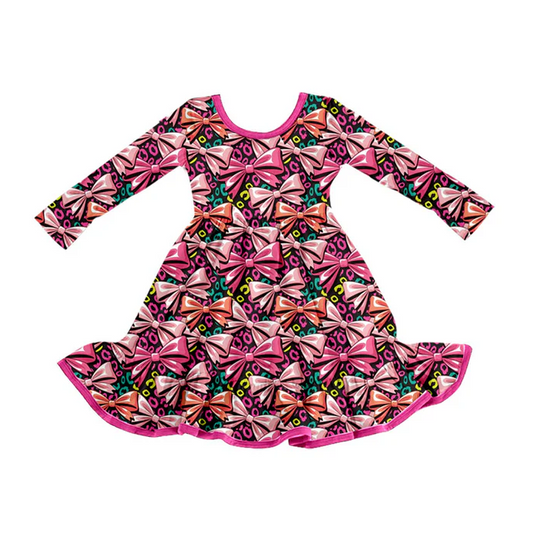 9.17 Preorder (moq 5)Baby Girls Colorful Leopard Bows Ruffle Knee Length Dresses