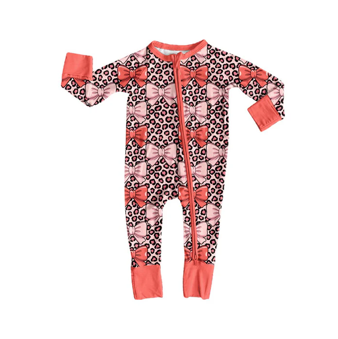 9.17 Preorder (moq 5)Baby Boys Peach Leopard Bows Zipper Footie Rompers