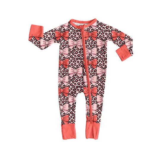 9.17 Preorder (moq 5)Baby Boys Peach Leopard Bows Zipper Footie Rompers