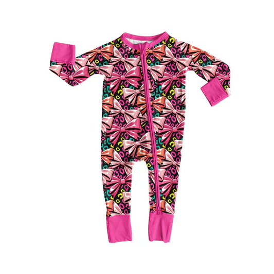9.17 Preorder (moq 5)Baby Boys Colorful Leopard Bows Zipper Footie Rompers