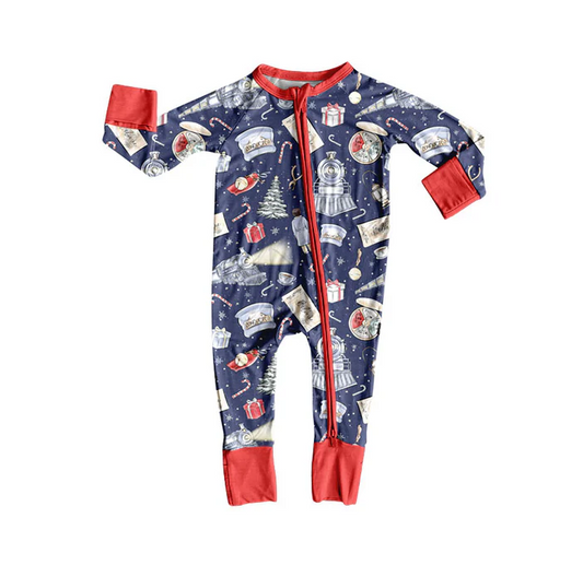 9.17 Preorder (moq 5)Baby Boys Gifts Candy Cane Christmas Zipper Footie Rompers