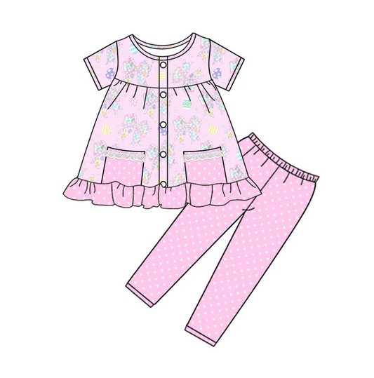 9.17 Preorder (moq 5)Baby Girls Flower Bows Eggs Button Pockets Tunic Leggings Easter Clothes Sets