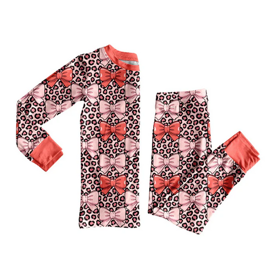 9.17 Preorder (moq 5)Baby Girls Peach Leopard Bows Top Pants Pajamas Sets