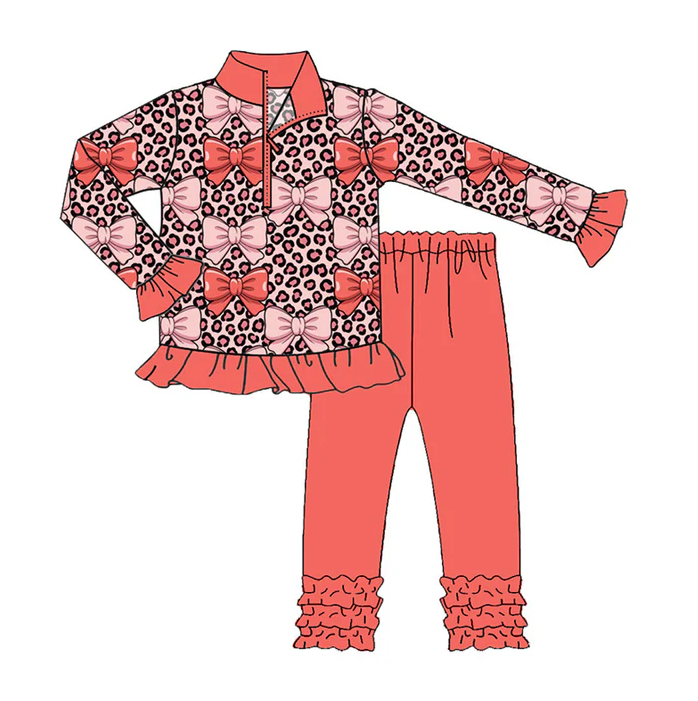 9.17 Preorder (moq 5)Baby Girls Peach Leopard Bows Zipper Pullover Ruffle Leggings Clothes Sets