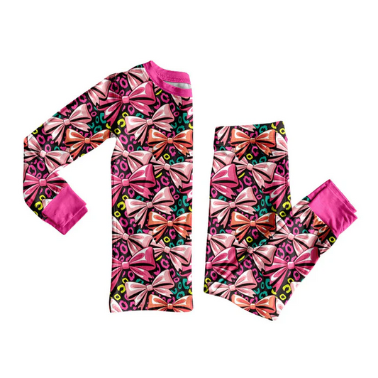 9.17 Preorder (moq 5)Baby Girls Colorful Leopard Bows Top Pants Pajamas Sets