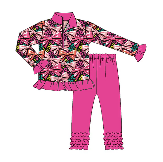 9.17 Preorder (moq 5)Baby Girls Colorful Leopard Bows Zipper Pullover Ruffle Leggings Clothes Sets