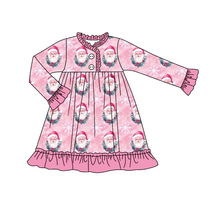9.17 Preorder (moq 5)Baby Girls Pink Santa Snowflake Christmas Button Ruffle Knee Length Dress