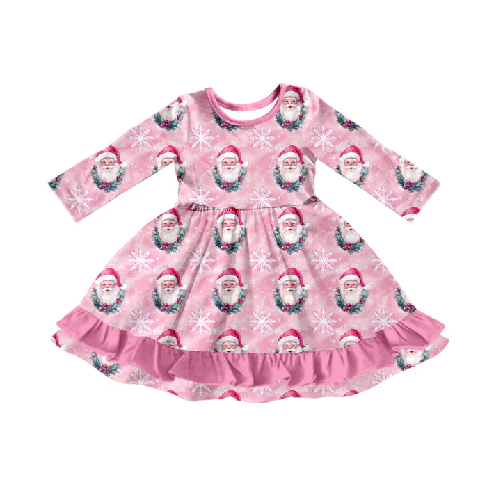 9.17 Preorder (moq 5)Baby Girls Pink Santa Snowflake Christmas Ruffle Knee Length Dresses