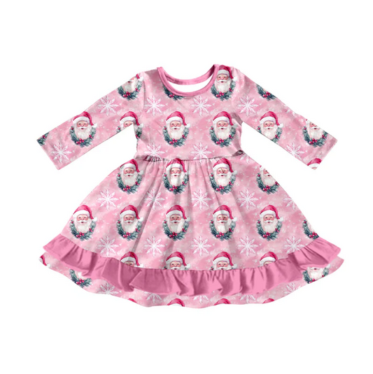 9.17 Preorder (moq 5)Baby Girls Pink Santa Snowflake Christmas Ruffle Knee Length Dresses