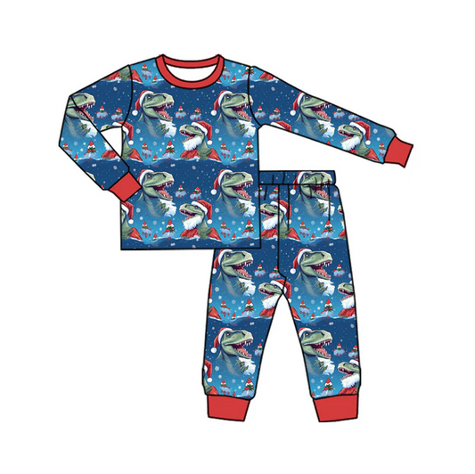 9.17 Preorder (moq 5)Baby Boys Hats Dinosaurs Trees Top Pants Christmas Blue Pajamas Sets