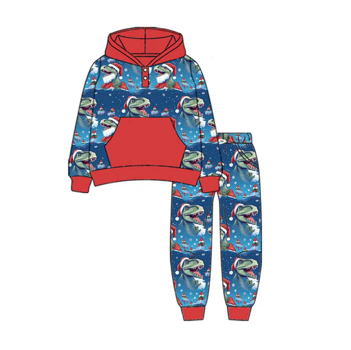 9.17 Preorder (moq 5)Baby Boys Button Pocket Hats Dinosaurs Hoodie Jogger Christmas Blue Clothes Sets