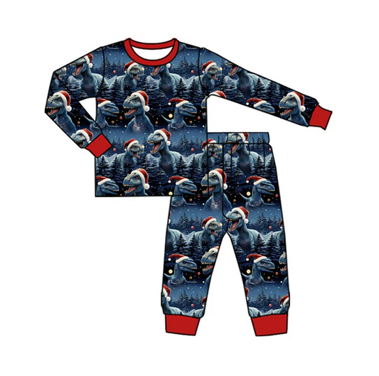 9.17 Preorder (moq 5)Baby Boys Hats Dinosaurs Trees Top Pants Christmas Navy Pajamas Sets