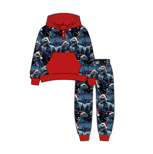 9.17 Preorder (moq 5)Baby Boys Button Pocket Hats Dinosaurs Hoodie Jogger Christmas Navy Clothes Sets