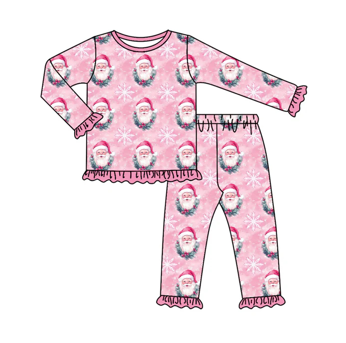 9.17 Preorder (moq 5)Baby Girls Pink Santa Snowflakes Top Ruffle Pants Christmas Pajamas Sets