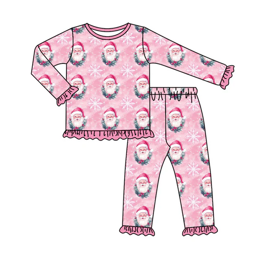 9.17 Preorder (moq 5)Baby Girls Pink Santa Snowflakes Top Ruffle Pants Christmas Pajamas Sets