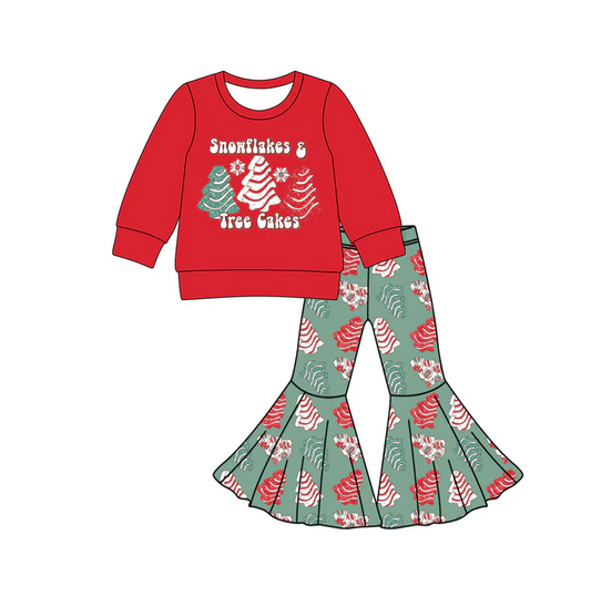 9.17Preorder (moq 5)Baby Girls Red Snowflake Trees Top Bell Bottom Pants Christmas Clothes Sets