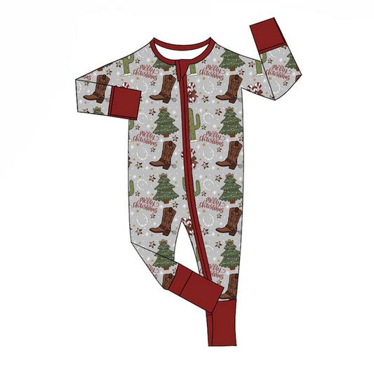 9.18  Preorder (moq 5)Baby Boys Boots Cactus Candy Cane Merry Christmas Zipper Footie Rompers