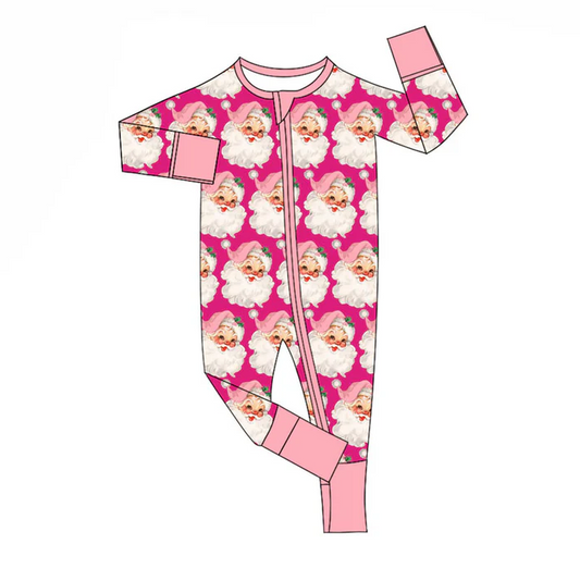 9.18  Preorder (moq 5)Baby Girls Pink Santa Checked Christmas Zipper Footie Rompers