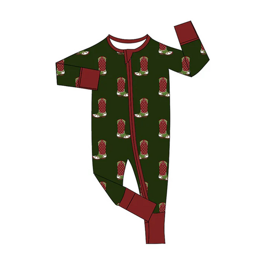 9.18 Preorder (moq 5)Baby Boys Dark Green Boots Christmas Zipper Footie Rompers