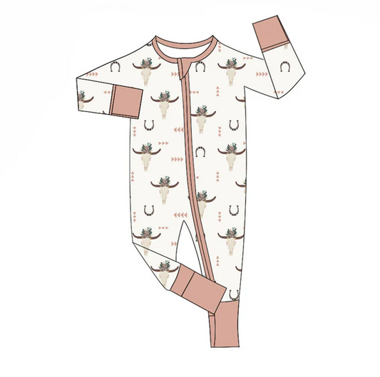 9.18 Preorder (moq 5)Baby Boys Flower Bull Skulls Shoes Western Zipper Footie Rompers