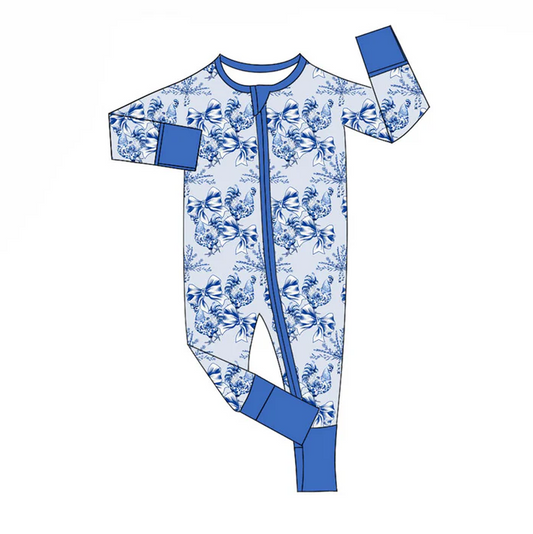 9.18 Preorder (moq 5)Baby Girls Blue Bows Flowers Chicks Zipper Footie Rompers