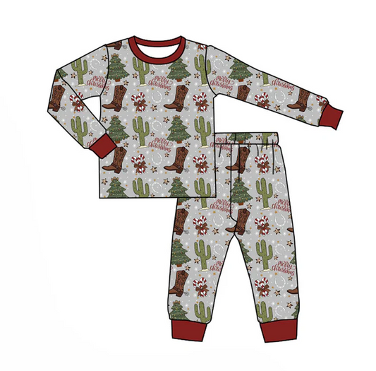 9.18 Preorder (moq 5)Baby Boys Boots Cactus Candy Cane Top Pants Merry Christmas Pajamas Sets