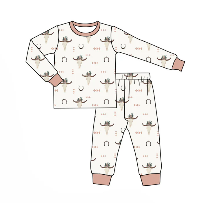9.18 Preorder (moq 5)Baby Boys Flower Bull Skulls Shoes Top Pants Western Pajamas Set