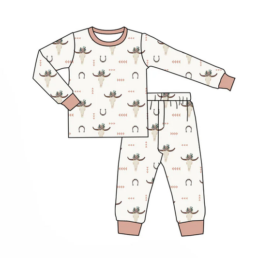 9.18 Preorder (moq 5)Baby Boys Flower Bull Skulls Shoes Top Pants Western Pajamas Set